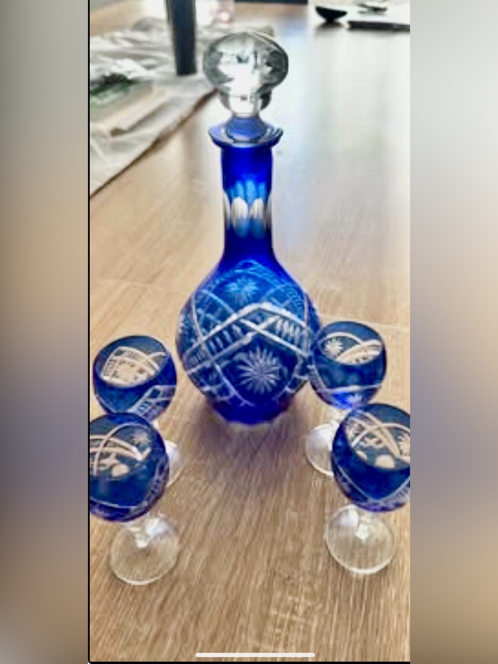 Mid century modern Bohemian crystal decanter set in cobalt blue cut to clear